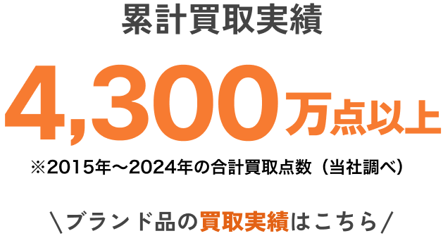 累計買取実績4,300万点以上※2015年～2024年の合計買取点数（当社調べ）時計・ブランドバッグ・宝飾品など、
            高額商材の査定経験も豊富です。