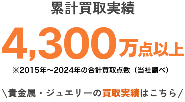 累計買取実績4,300万点以上※2015年～2024年の合計買取点数（当社調べ）時計・ブランドバッグ・宝飾品など、
            高額商材の査定経験も豊富です。