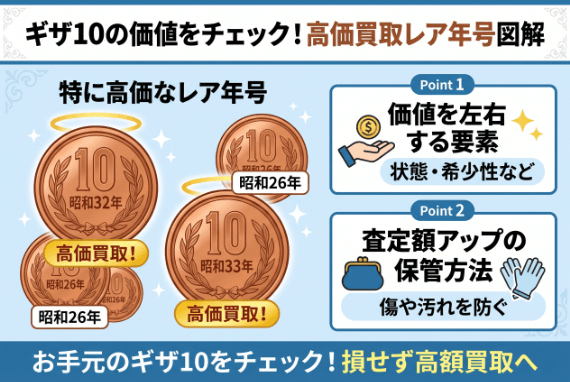 ギザ10の価値は?10円玉でも高価買取になるレア年号を図で解説!